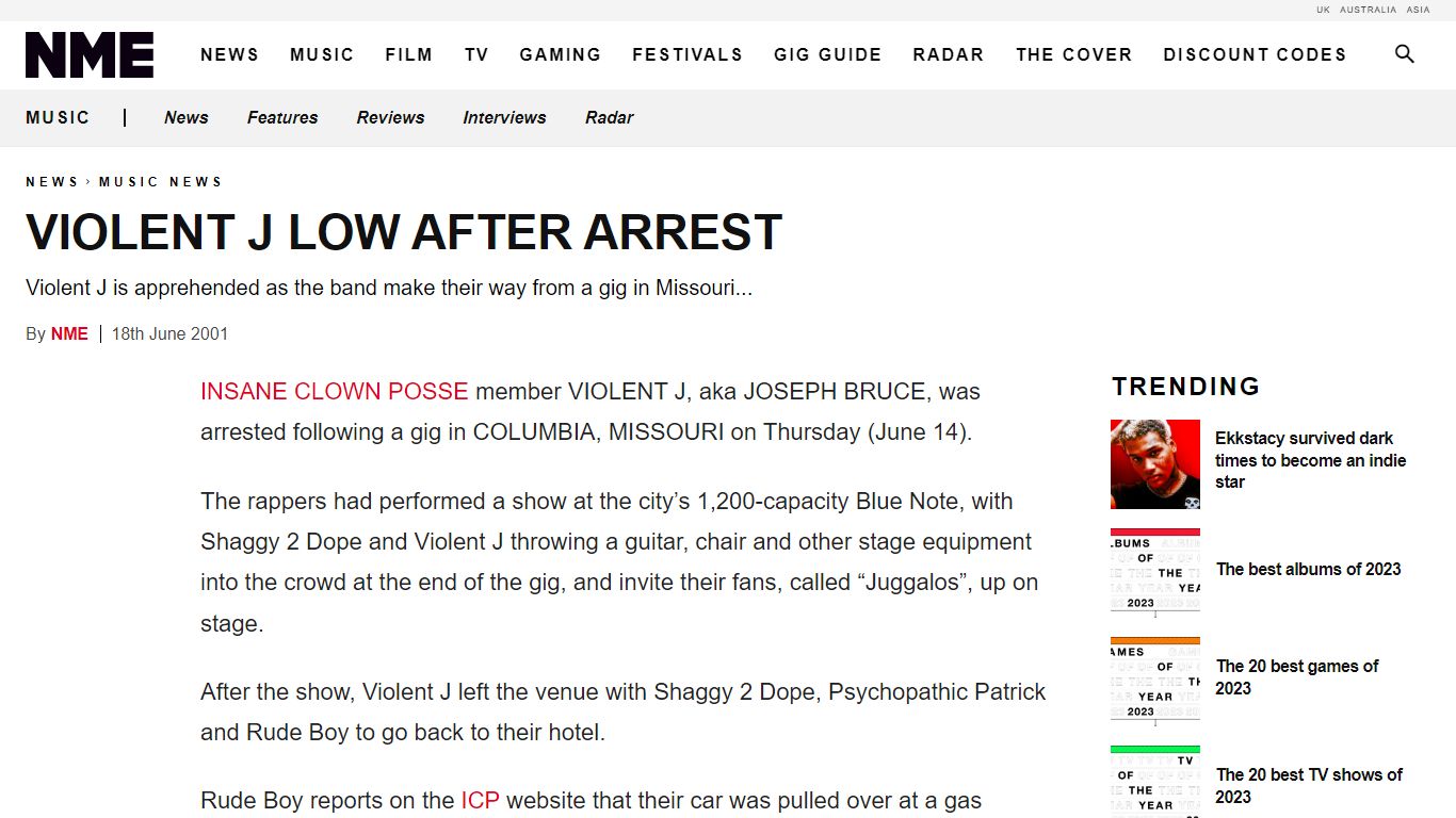 VIOLENT J LOW AFTER ARREST - NME